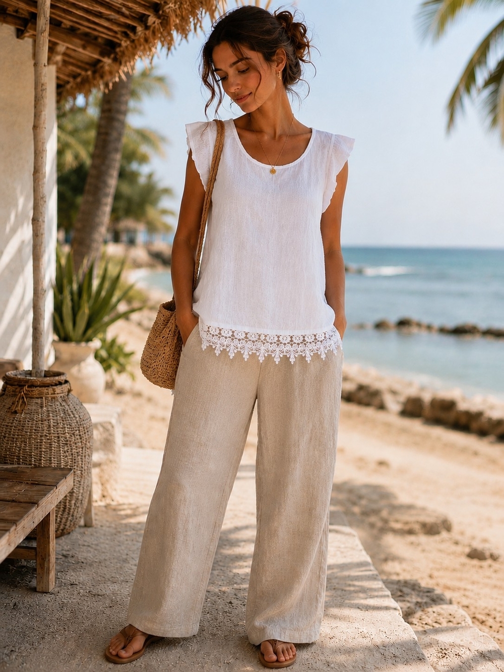 Terzo Millennio Italian Linen Crochet Hem Boho Top White. Size 6
